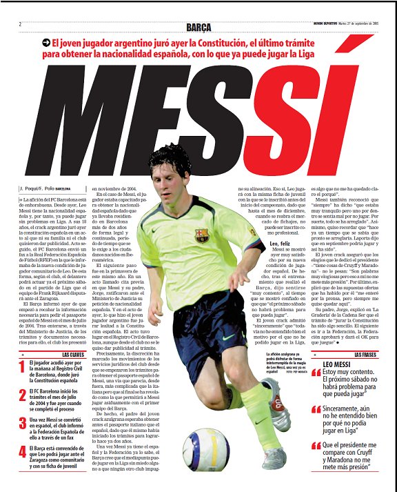 Noticia de la nacionalización española de Messi publicada en El Mundo Deportivo de Barcelona de fecha 27 de septiembre de 2005.