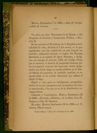 Registro de la revista The Mexican Sportman en el Diario Oficial Noº 90 octubre 13 de 1896