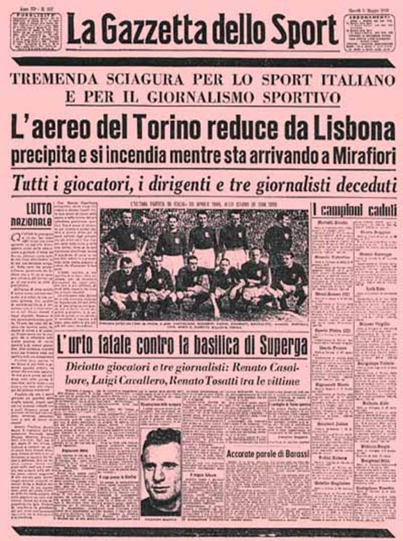 Portada de La Gazzetta dello Sport sobre la tragedia de Superga.