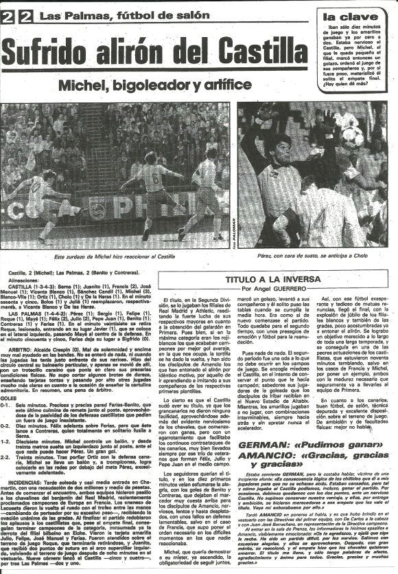 Crónica del partido Castilla – Las Palmas del diario Marca del día 28 de mayo de 1984