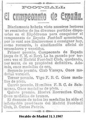 Heraldo de Madrid de 31.3.1907 que refiere la clasificación del Campeonato de España de este año.