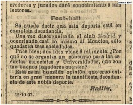 Diario Universal, del 13 de octubre de 1907 donde se informa de la desorganización que padece el Madrid.