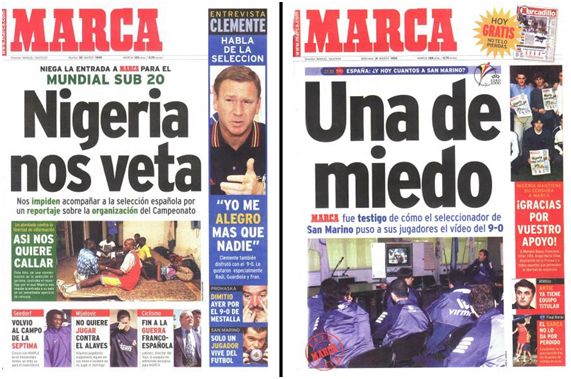 "Portadas de Marca de los días 30 y 31 de marzo de 1999. En la del 31 aparecen, a la derecha, algunos miembros de la selección española sub'20 solidarizándose con el diario".