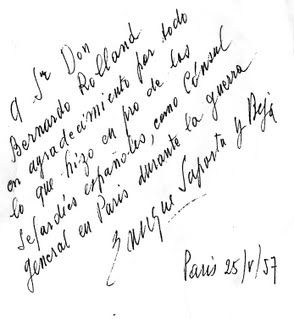 Dedicatoria y mensaje de gratitud de Enrique Saporta a Bernardo Rolland en 1957.