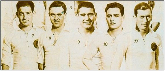 Félix Pérez (Nº 8), en el Madrid de 1928. A la izquierda Méndez y a la derecha, del 9 al 11, Gual, Uribe y Del Campo. La de Félix Pérez fue una de las primeras voces en abogar por un sindicato futbolero.