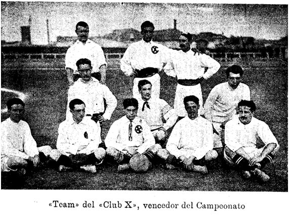 Imagen 1: Alineación de “X”, campeón del Campeonato de Cataluña de 1906 – 1907. Fuente: Los Deportes, Año 11, número 449, 30 de marzo de 1907, página 341. Fotografía de J. Busqueta.