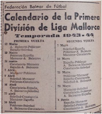 Calendario Copa Anís de la Asturiana (Baleares, 9 de marzo de 1944)