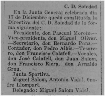 Constitución del CD Soledad (Última Hora, 18 de diciembre de 1930)