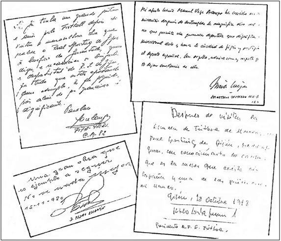Páginas del libro de oro de Mareo, con dedicatorias y agradecimientos de Pablo Porta, Joao Havelange, Pedro Escartín y Raimundo Saporta.