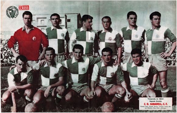 Formación 1960-61. Arriba: Ginesta, Roca, Roselló, Rovira, Totorica, Izaola. Agachados: Manel, Masferrer, Aloy, Parés, Irazoqui.